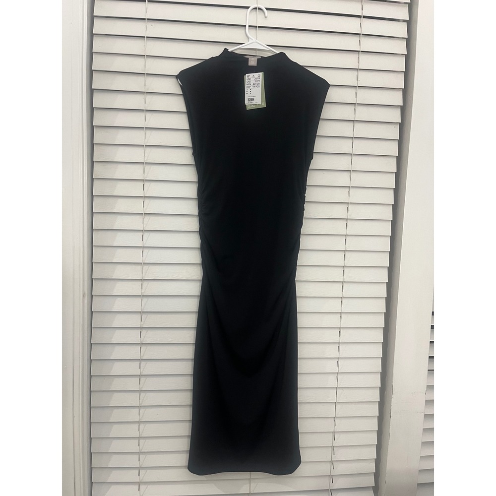 H&M Women Black Ruched Mock Neck Sleeveless Bodycon Midi Dress Medium NWT